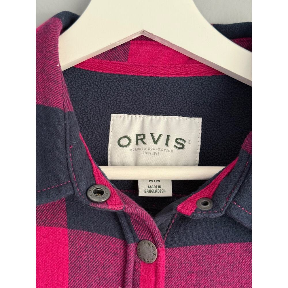 Orvis Women's M Flannel Shacket Pink Navy Buffalo Plaid Fleece Lined Snap - Picture 2 of 9
